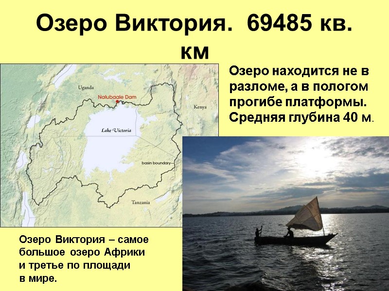 Озеро Виктория.  69485 кв. км Озеро находится не в разломе, а в пологом